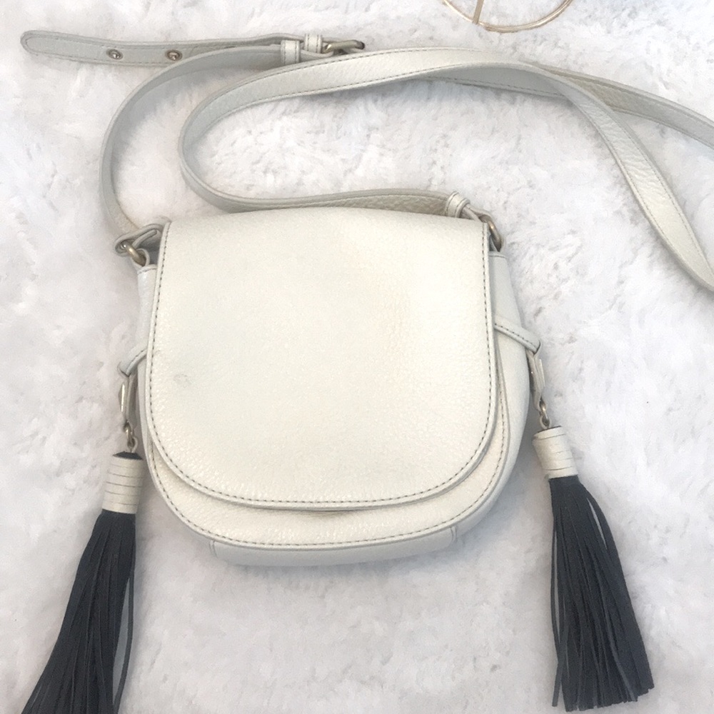 White Leather Crossbody Bag with Black Tassels - Women